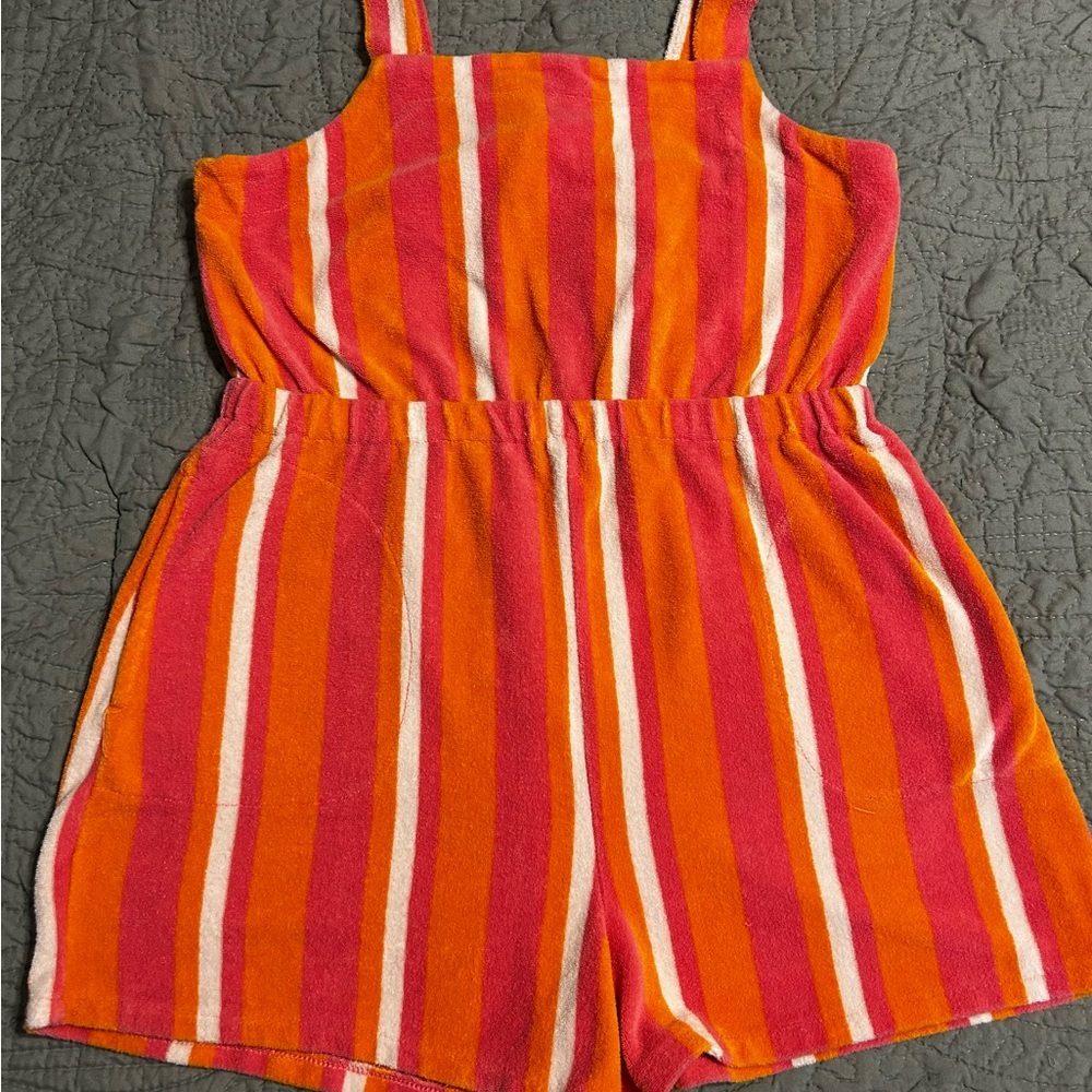 Vibrant Orange and Pink Striped Terry Cloth Romper